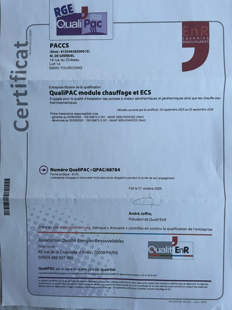 PACCS CERTIFICAT QUALIPAC CHAUFFAGE ET ECS