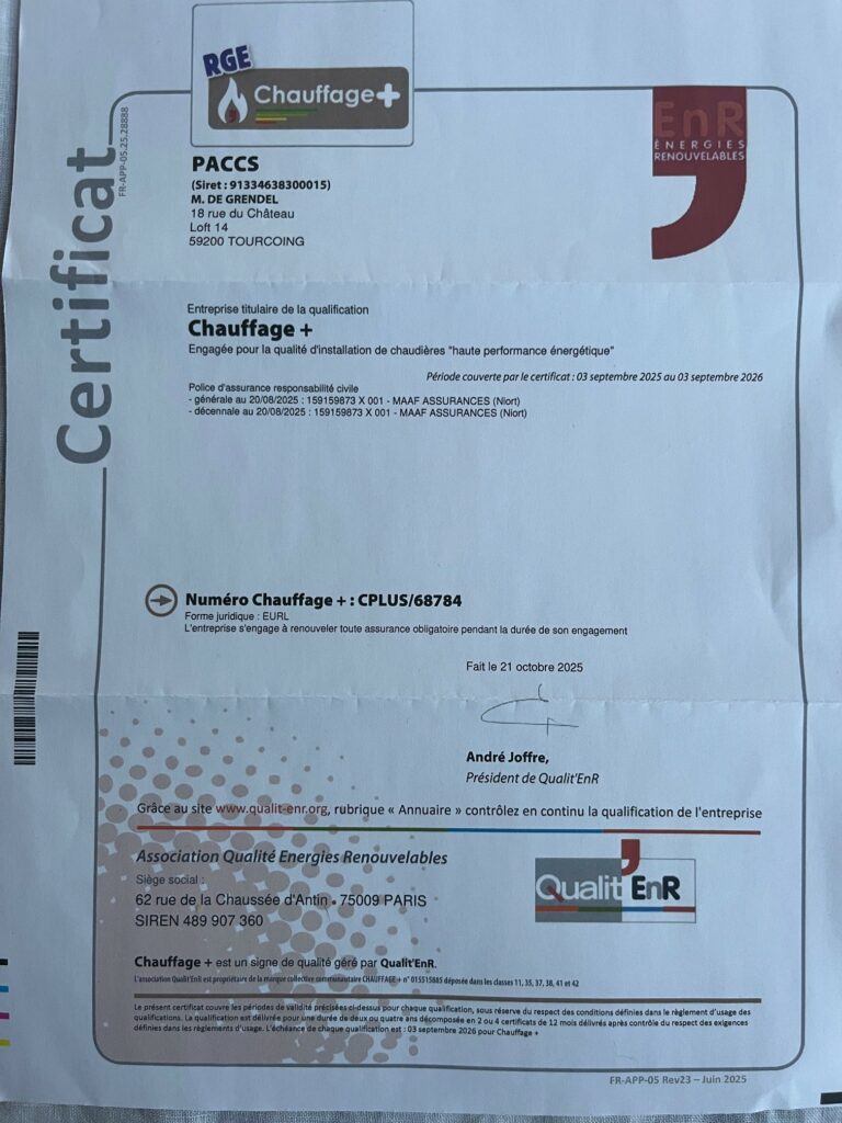 certificat PACCS RGE Chauffage +