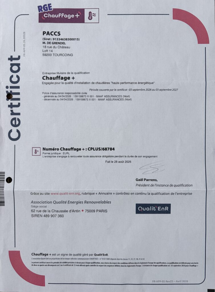 CERTIFICAT RGE CHAUFFAGE +